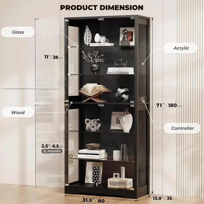 BROTTAR Display Cabinet with Glass Door, 6-Tier 71" Curio Cabinet with 3 Color Lights for Collectibles, Display Case