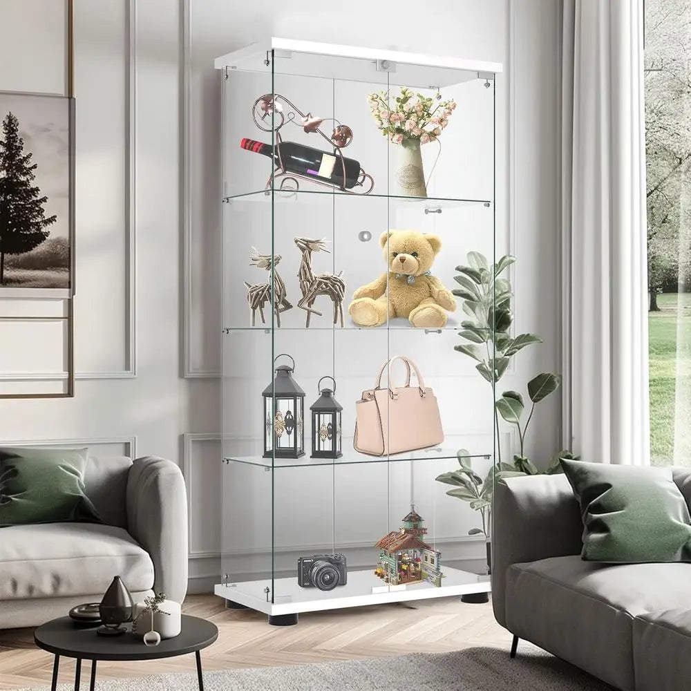 Quick-Install Glass Door Lockable Display Cabinet, 4-Shelf Curio with Tempered Glass, Ideal for Living/Bedroom (65 x 32 x 14, Wh