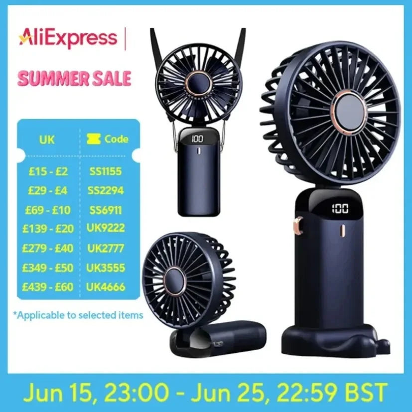 NEW Foldable Handheld Portable Fan Mini Foldable HandFan with USB Rechargeable Battery Desk Outdoor Neck Hanging 5 Speed Fan ﻿