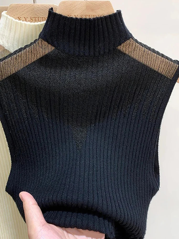 Mesh Knitted Top Women Y2K Tank Top Half Neck Vest Female Sleeveless Sweater Chic Cut Out Streetwear Solid Skinny White Tube Top