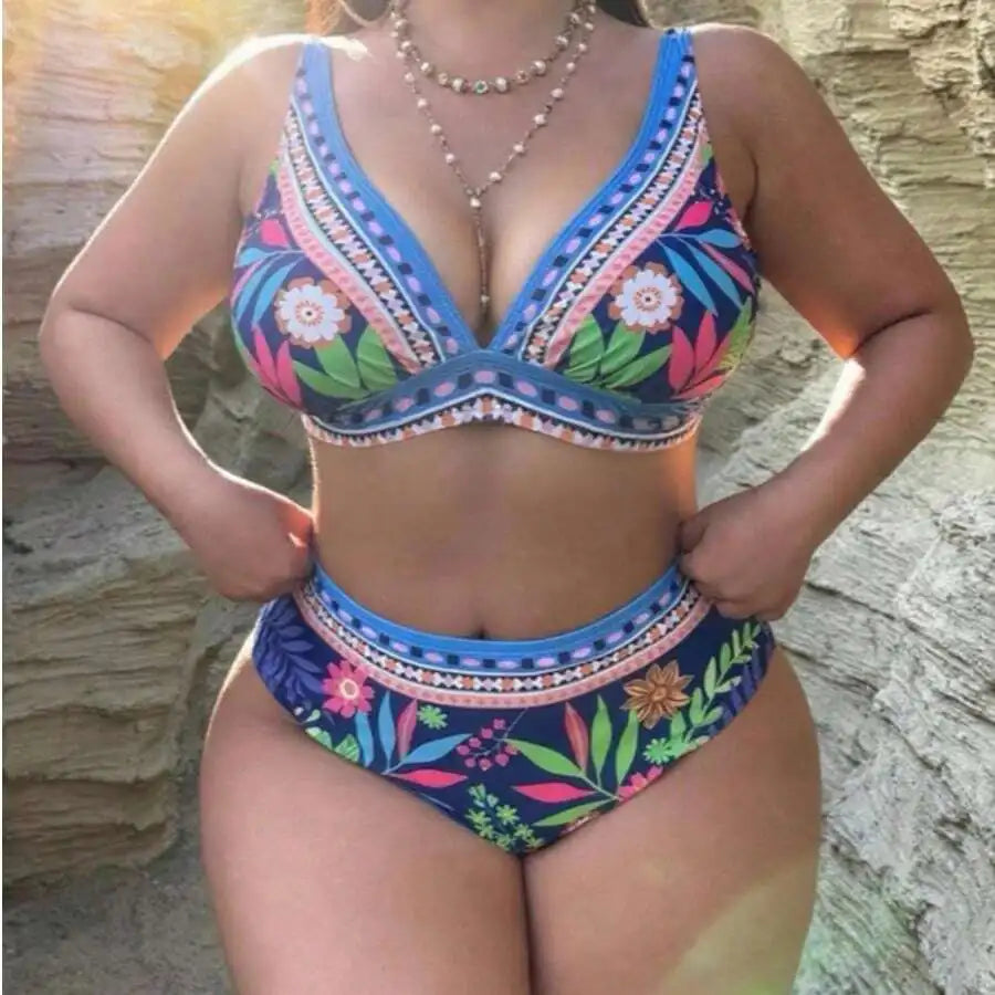 Plus Size V Neck Floral High Waisted Bikini Set Medium Stretch Fabric