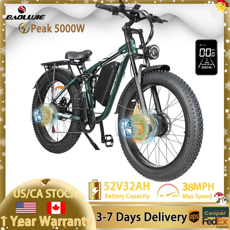 BAOLUJIE Peak 5000W 26" Electric Bike,52V 32AH Removable Battery 38MPH 7-Speed Adult EBike, Dual-Shock Absorption EBike Off-Road