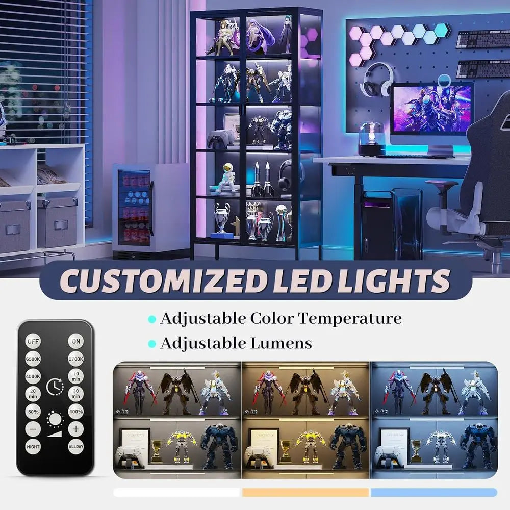 71 High Glass Curio Cabinet with 5 Shelves, LED Sensor Lights, Ideal for Living and Bedroom Display