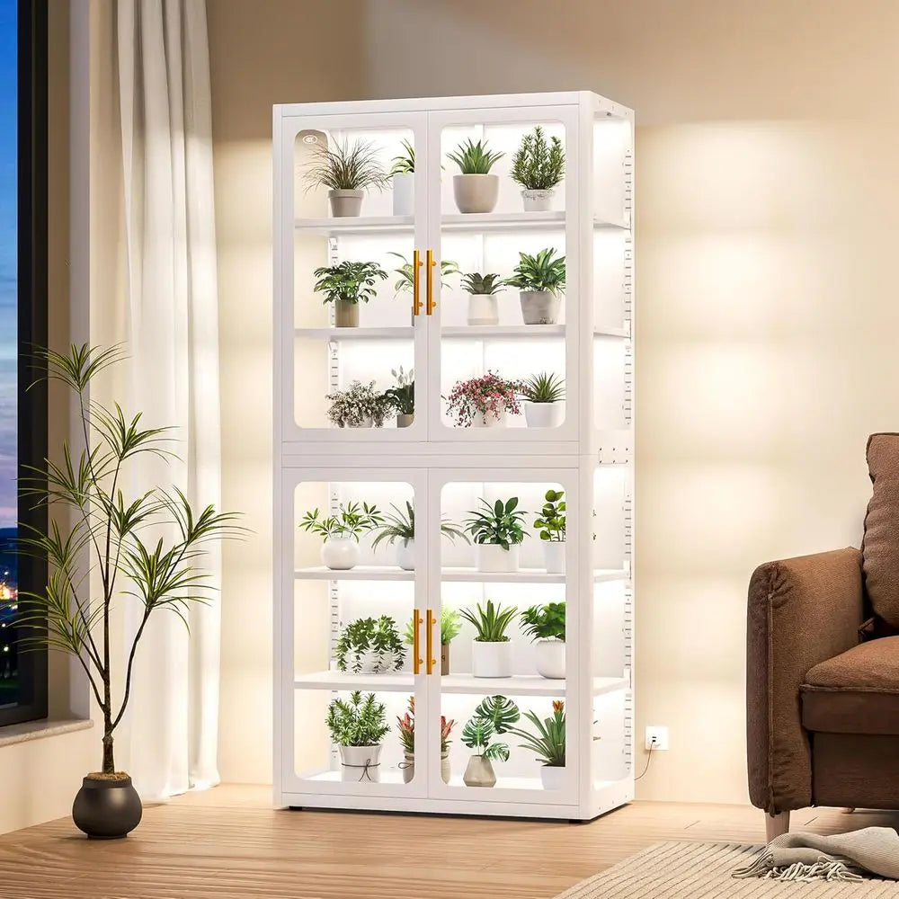 68 White Glass Display Cabinet with RGB LED Lights, 4 Adjustable Shelves for Collectibles and Storage