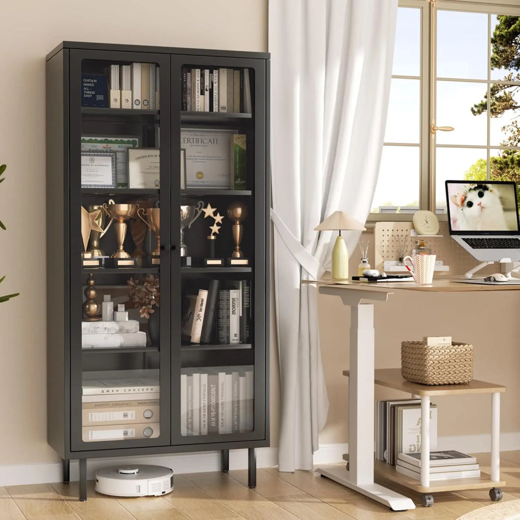 Glass Display Cabinet, Metal Curio Cabinet with Tempered Glass Doors & Adjustable Shelves, Metal Storage Cabinets for Living