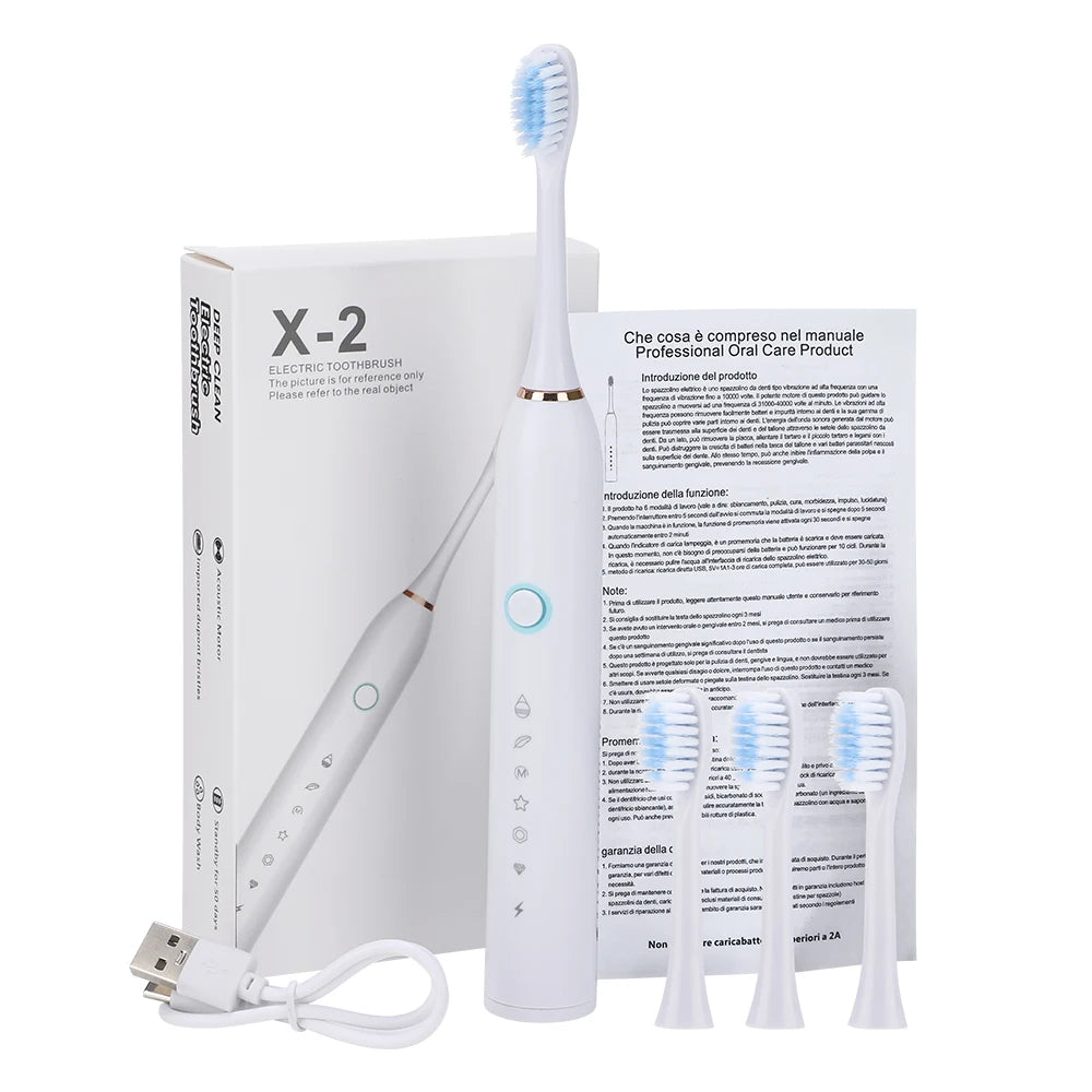 Electric Sonic Toothbrush Rechargeable 6 Mode Electronic Tooth Brushes with Replacement Heads Waterproof Tooth Cleaner for Adult