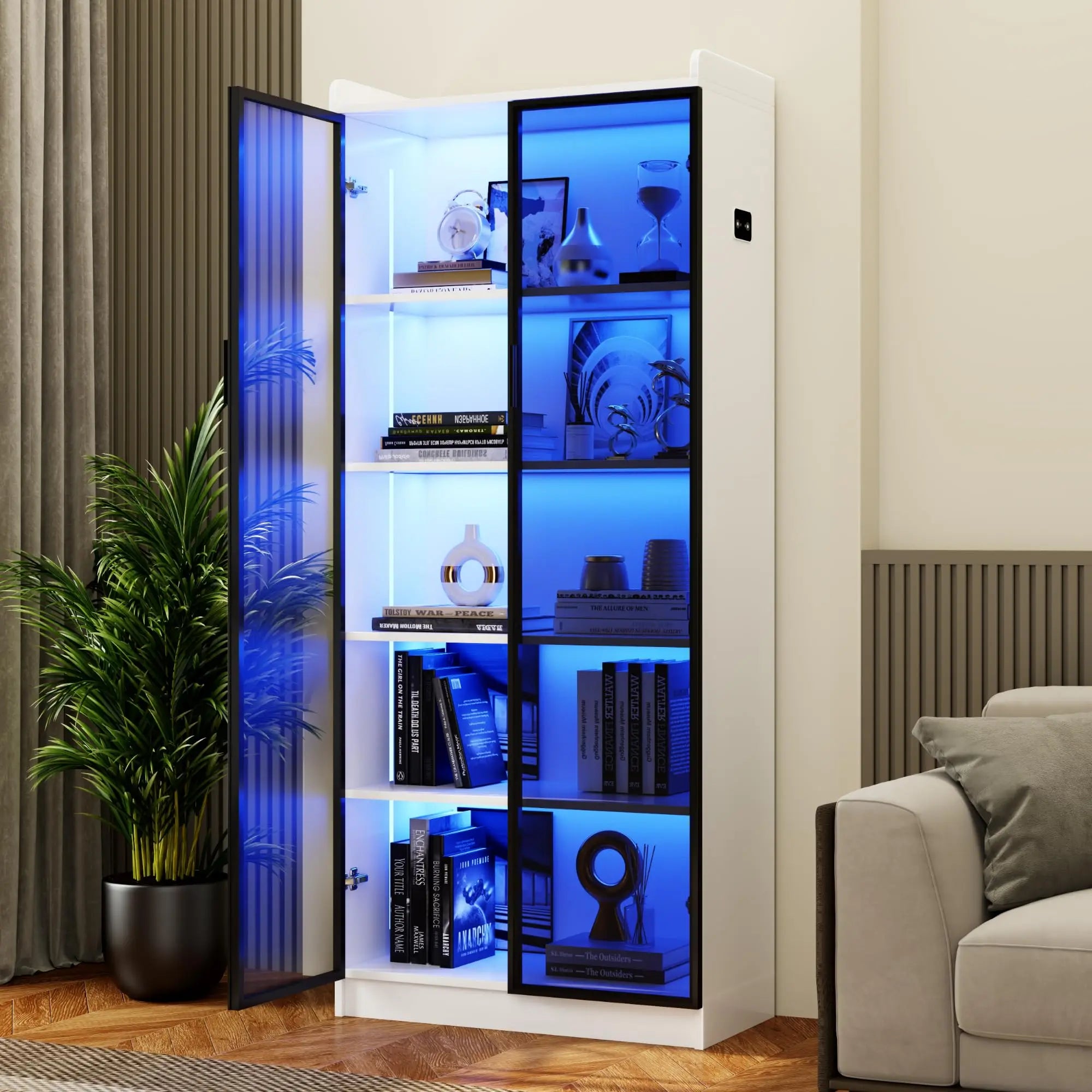 Dystler 65" Tall 5 Tier Display Cabinet with Doors Adjustable Shelves LED Light Bookcase Human Body Sensor Storage Cabinet