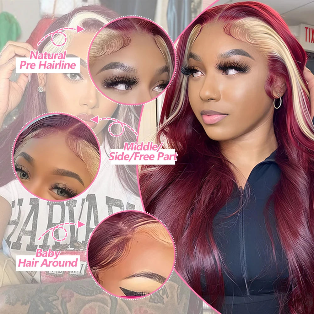 99J/613 Colored Highlight 13x4 Hd Transparent Straight  Lace Front Wigs Omber Blonde With Burgundy Red Human Hair Wigs Brazilian