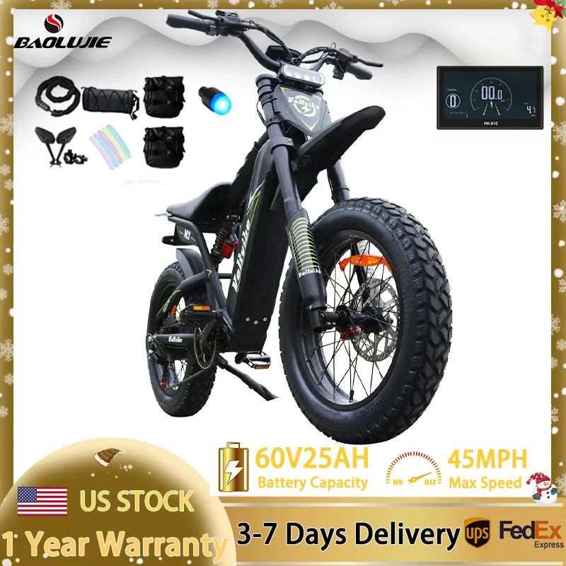 BAOLUJIE Electric Motorcycles,3000W Motor Bicycle,Max Speed 45MPH E-bike, 60V25AH Battery,20" Electric Dirt Bike ,Off Road Ebike