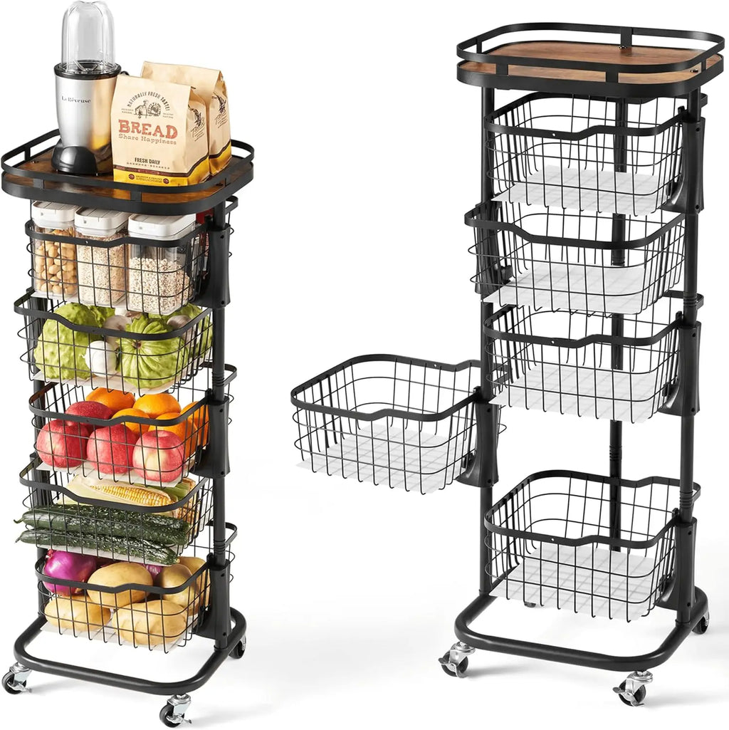5 Tier Rotating Vegetable Storage Cart with Wheels, Black Kitchen Pantry Organizer