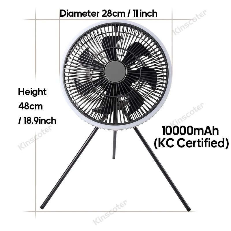 KINSCOTER 10000mAh Outdoor Camping Fan, 11inch Large Ceiling Fan with LED Lighting, Multifunction Air Circulator Cooler Fan