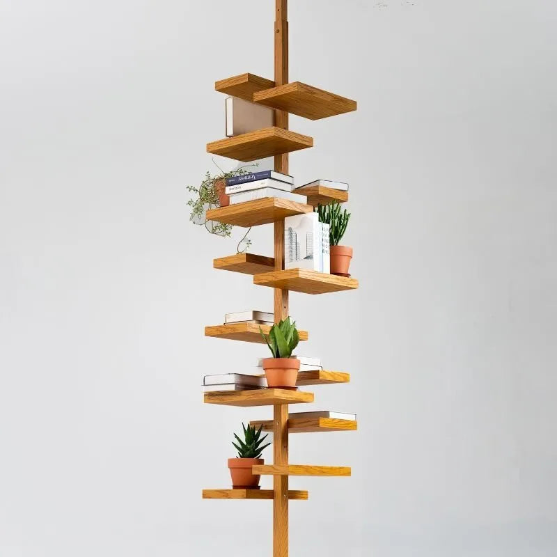 Square tray rotatable shelf Mid-style telescopic floor-to-ceiling bookshelf multi-functional solid wood