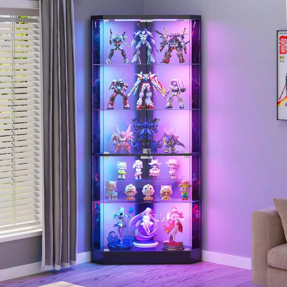69 Black 5-Tier Glass Display Cabinet with RGB Lights and Human Body Sensor for Living Room Collectibles