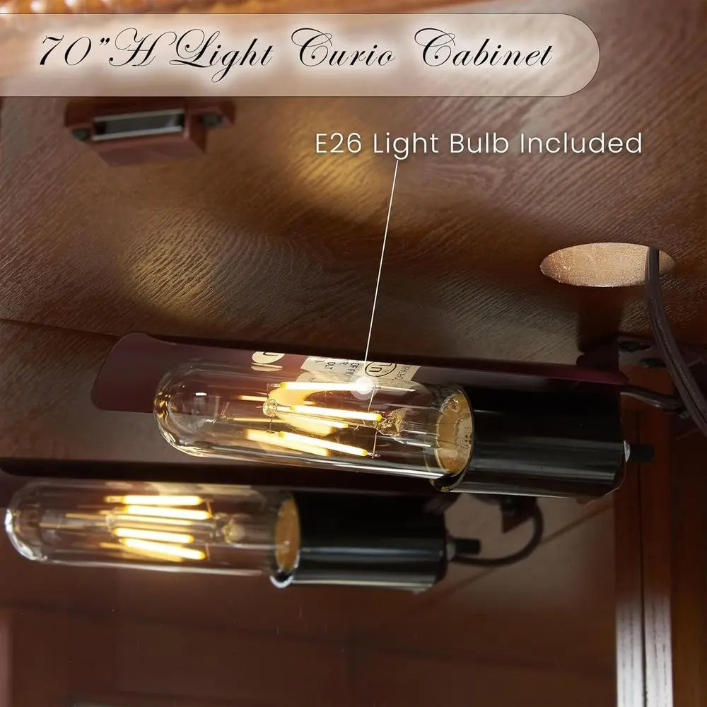 Curio Cabinet with Light Bulb, Tempered Glass Do, loor Standing Glass Display Cage with 6 Tempered Glass Shelves, Wine Cabinet S