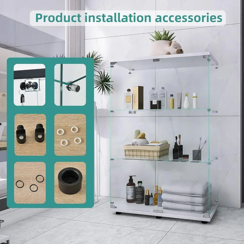 30-Minute Install 3-Shelf Double Door Glass Display Cabinet, Tempered Glass Floor Standing Bookshelf for Living/Bedroom, White,
