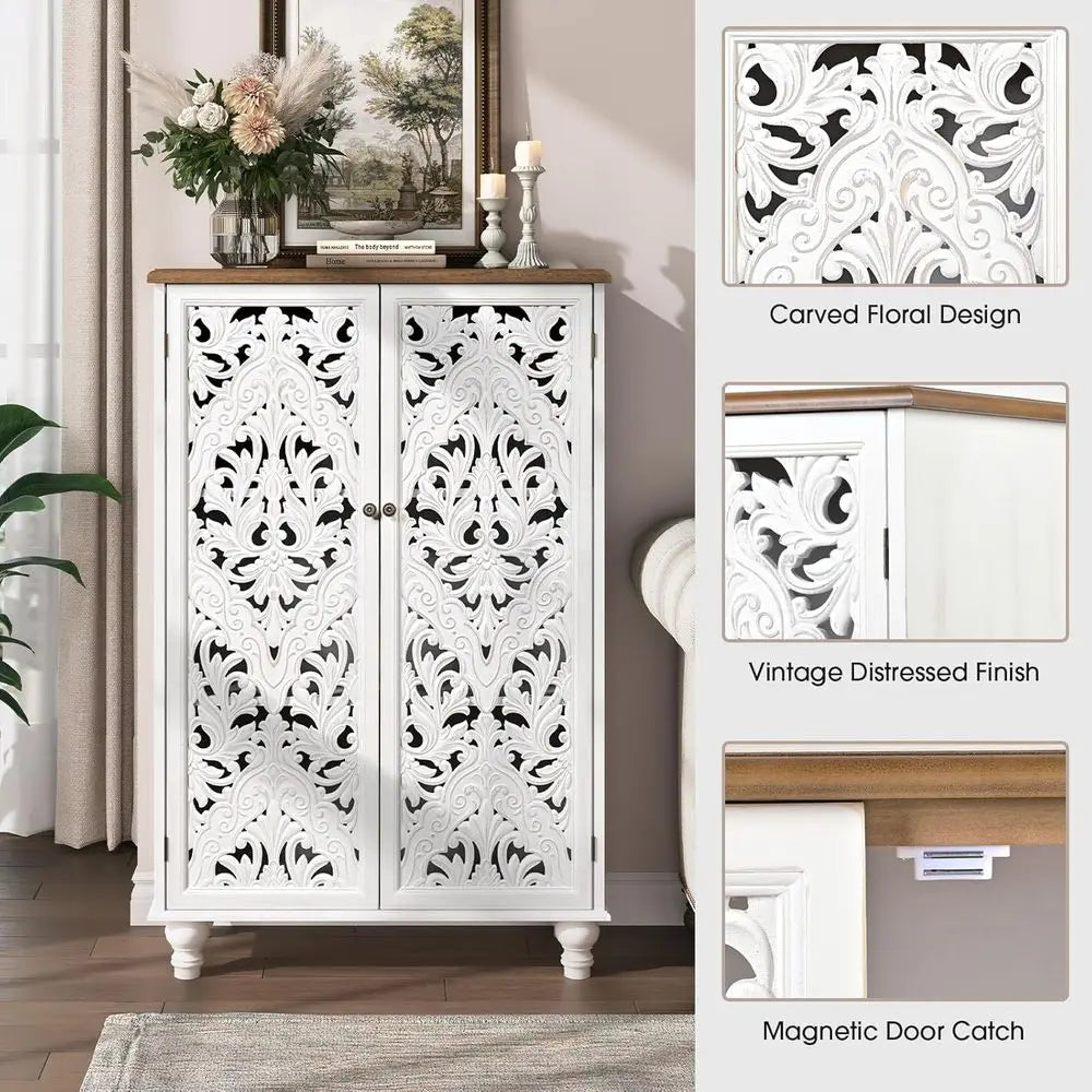 47 High Distressed White Wood Accent Cabinet with 3-Tier Shelves, Boho Style Sideboard for Small Spaces and Living Rooms