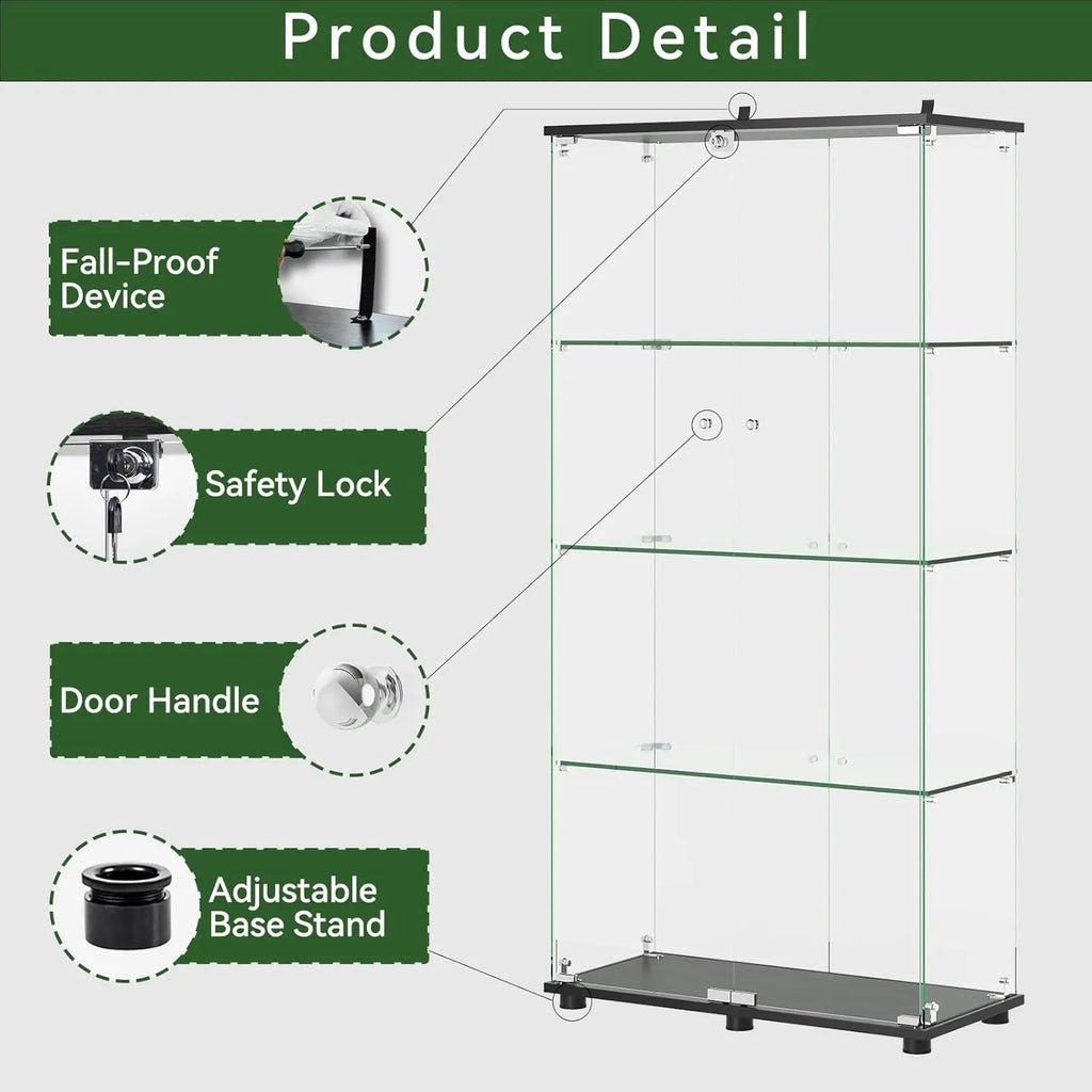 4-Shelf Lockable Glass Display Cabinet Floor Standing Tempered Glass Storage Living Room Bedroom Office 64x31.7x14.3in, Custom