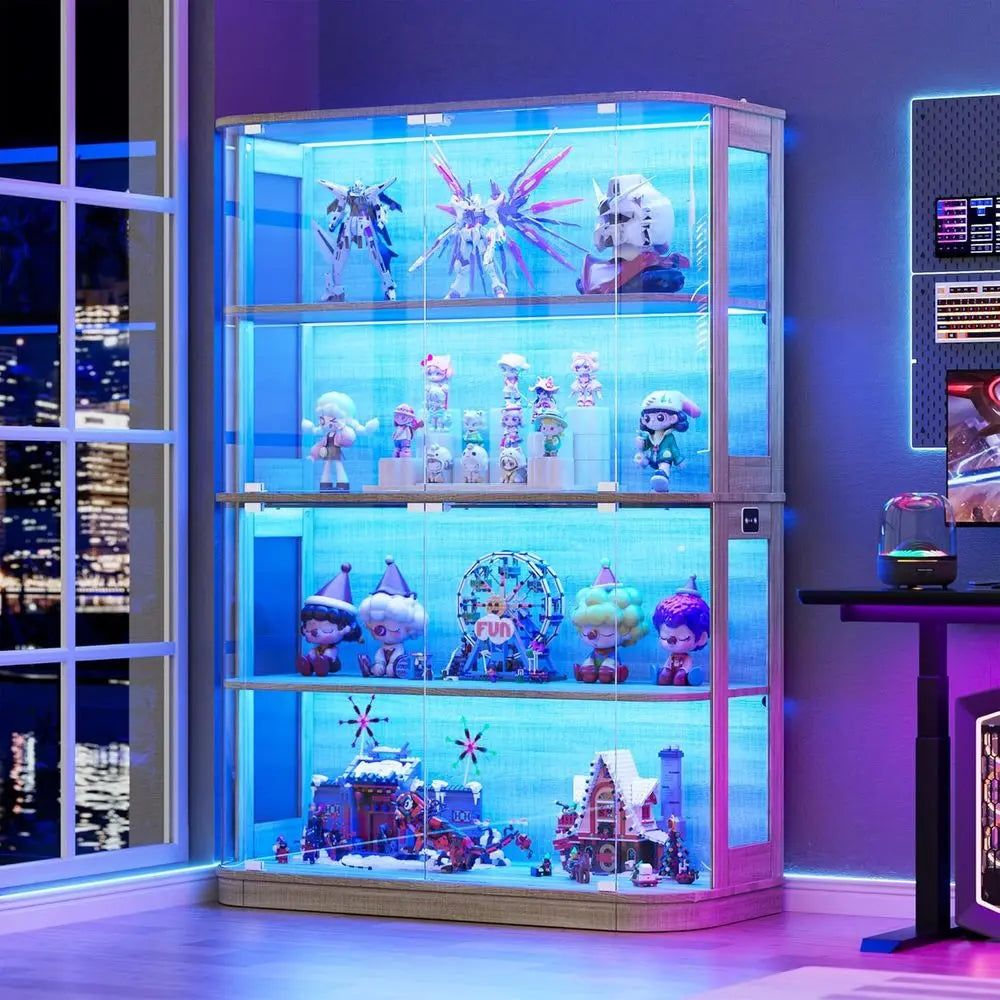 47.2 Glass-Door 4-Tier Display Cabinet with LED Lights, Touch-Open Doors, and Human Body Sensor for Collectibles and Artwork