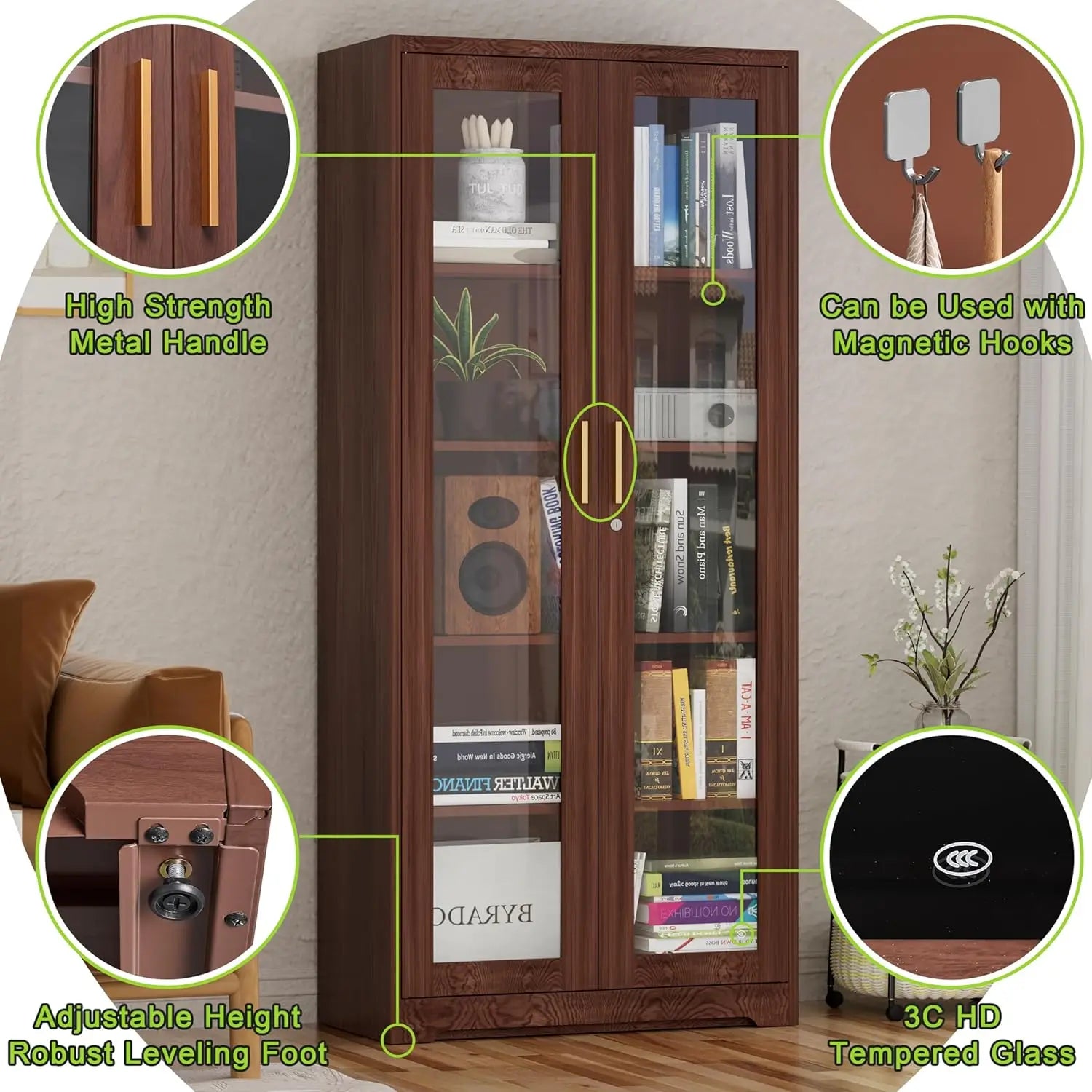Display Cabinet with Glass Doors, Curio Cabinets with Locking Doors, Metal Storage Cabinet for Kitchen,Living Room 71” H, As