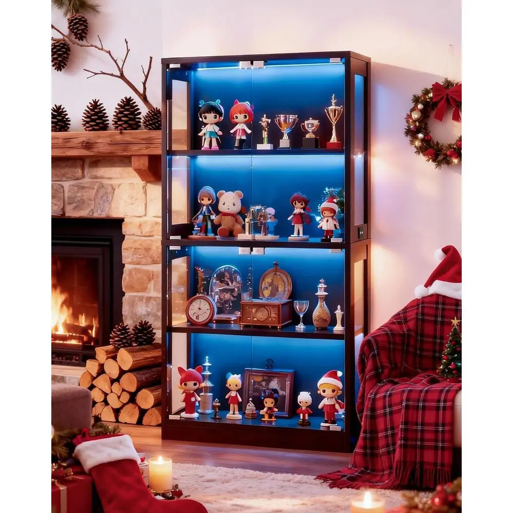 4-Tier Glass Display Cabinet with 7 Color LED Lights, HD Glass Storage for Collectibles, Trophies (Black)