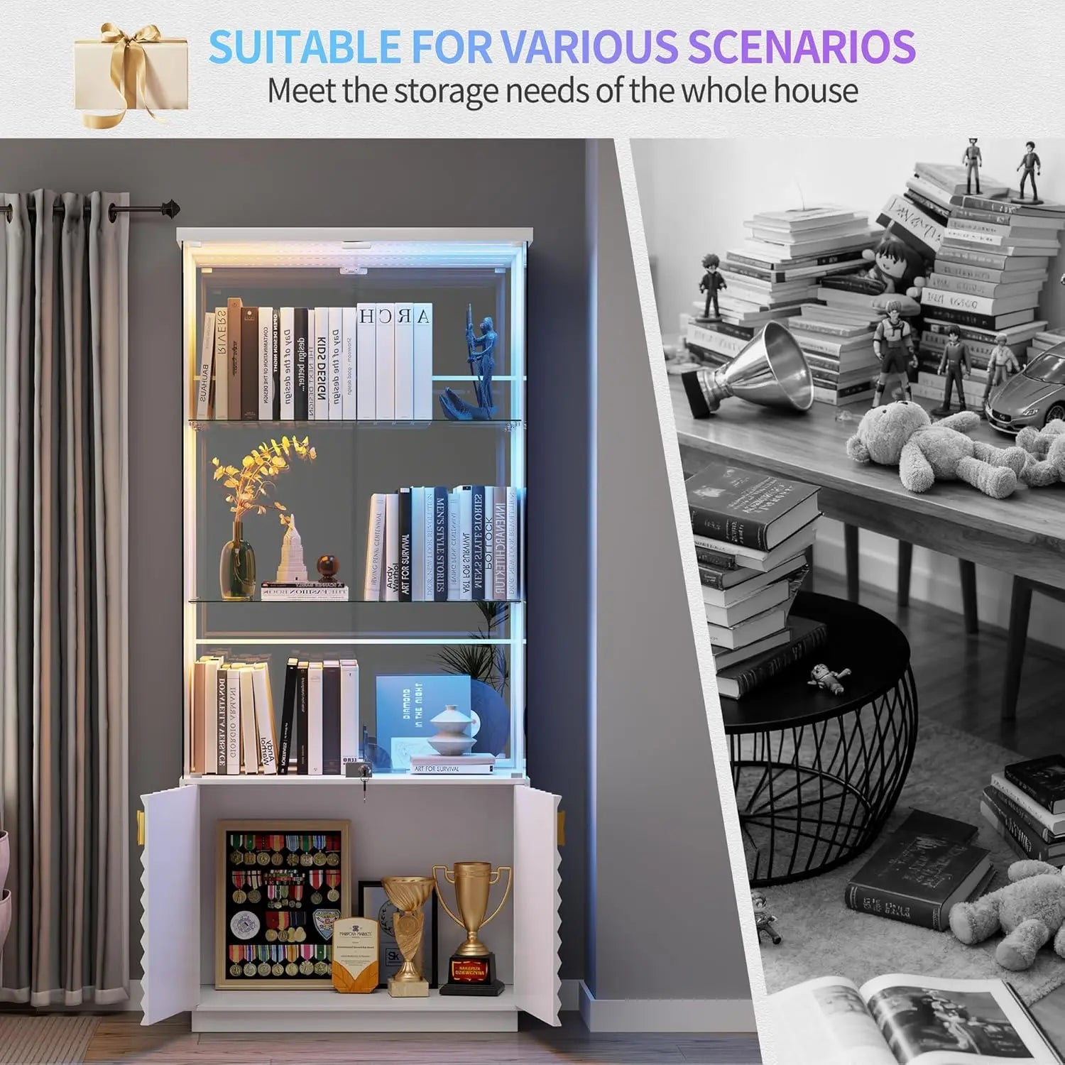 Display Cabinet with Glass Doors - 71" High Gloss Curio Cabinet with Adjustable Glass Shelf, Lockable Display Cases with RBG