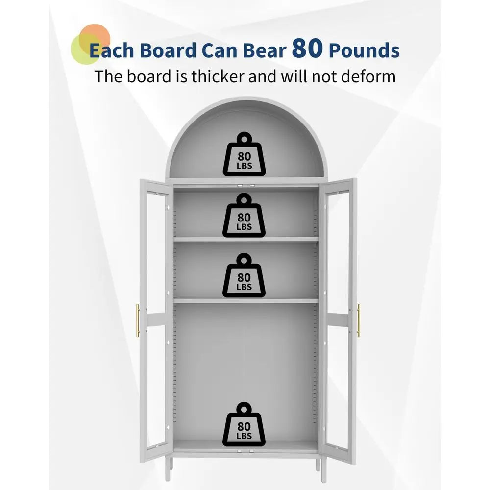 ern Arched Metal Cabinet with Glass Do& 2 Adjustable Shelves, 31"x15"x73"，reestanding Pantry Storage or Kitchen/Dining/Living Ro