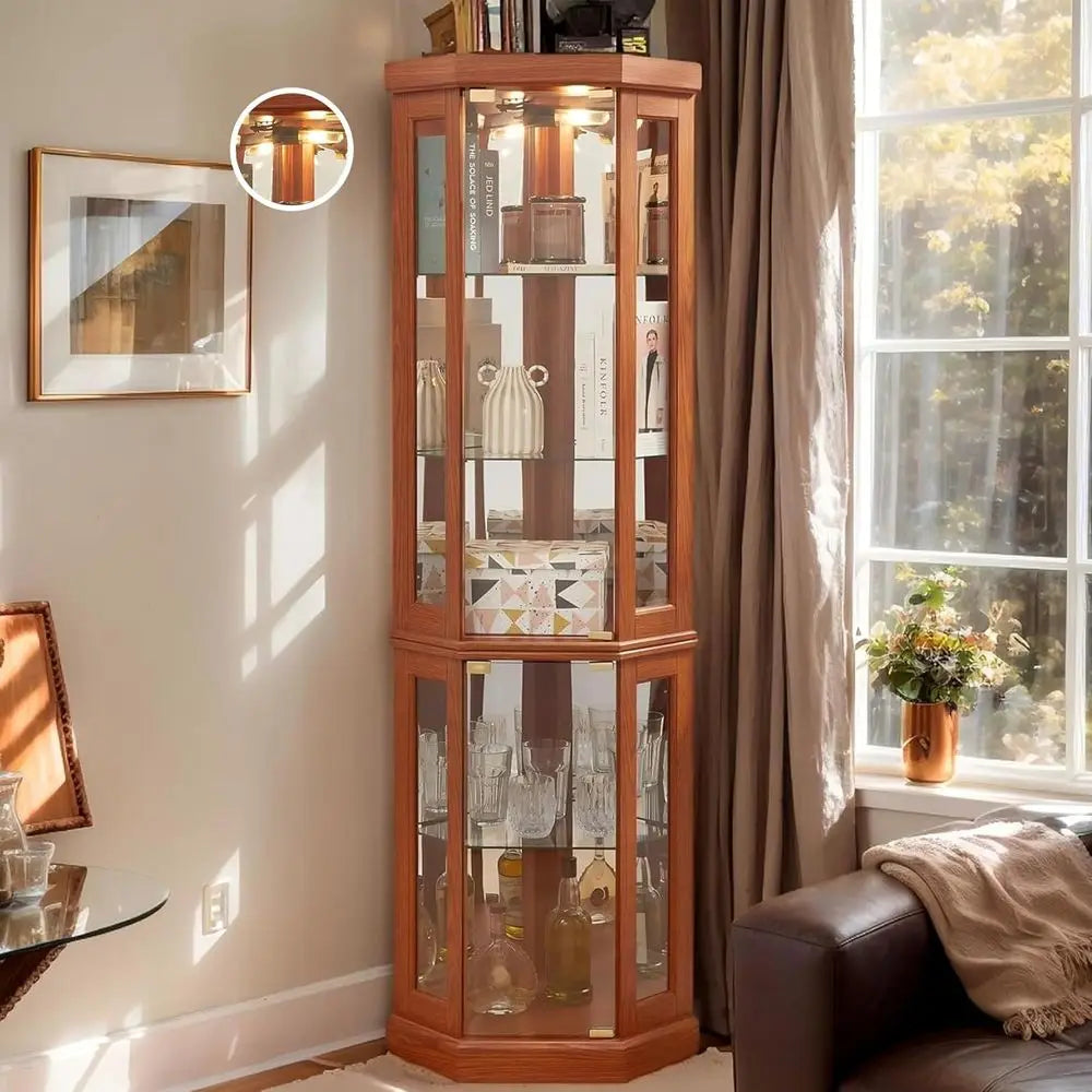 70 Tall Illuminated Glass Display Case with Tempered Glass Doors, Adjustable Shelves, Included Bulb, Ideal for Wine Bar or Livin