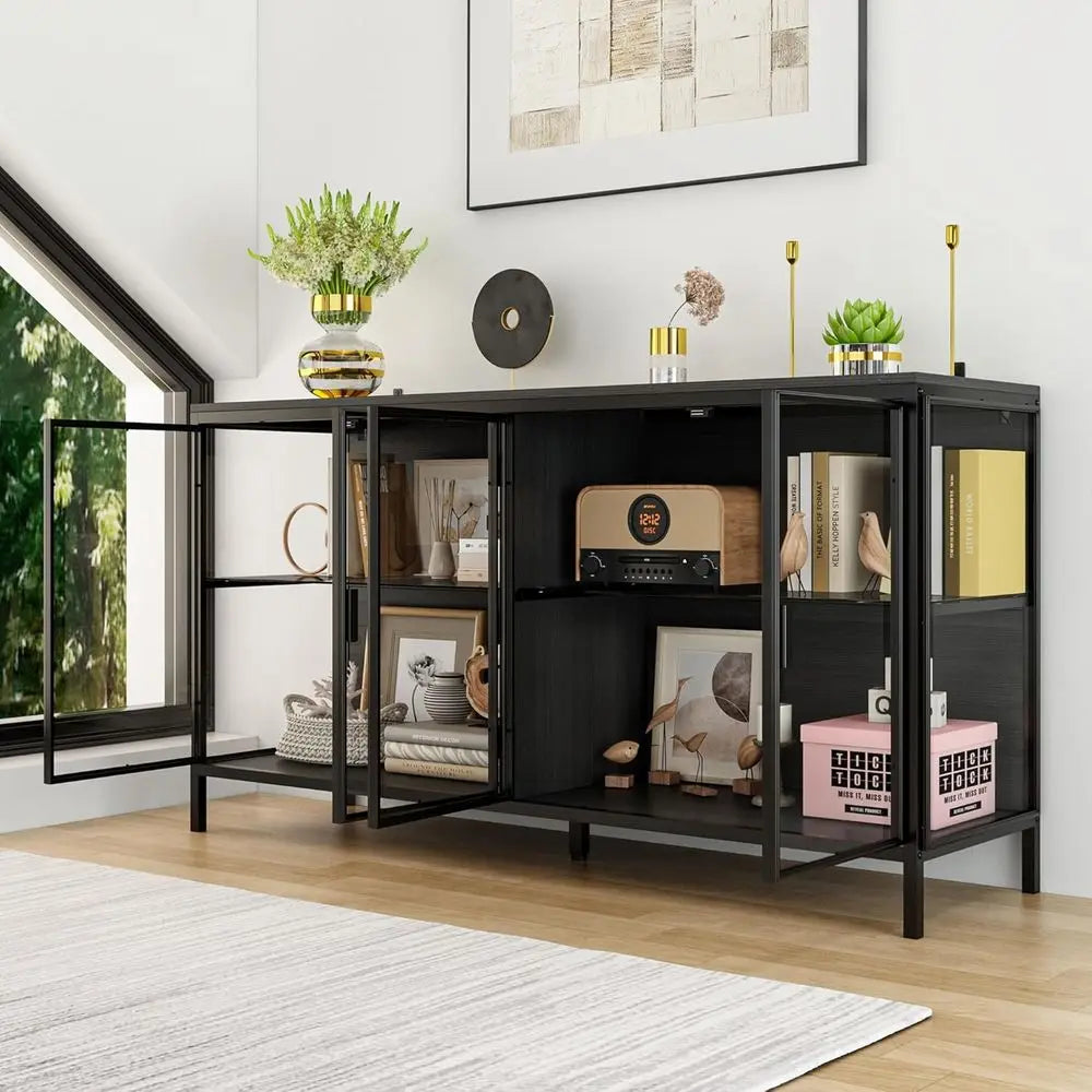 3-Color LED Illuminated Glass Shelf Storage Cabinet with 4 Compartments and Metal Legs for Living & Dining Rooms