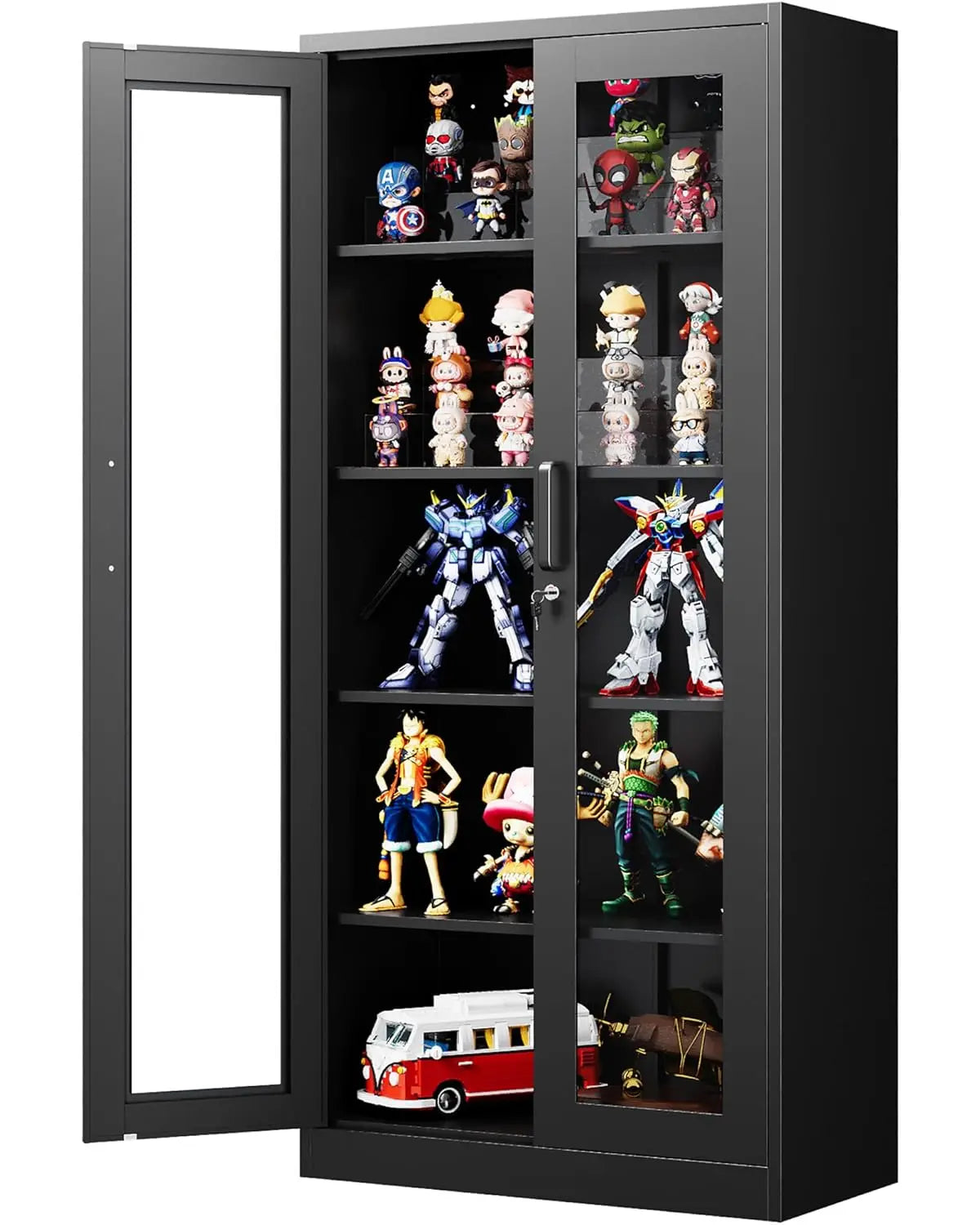 71in Metal Display Cabinet Glass Doors 4 Adjustable Shelves Lock Home Office Custom