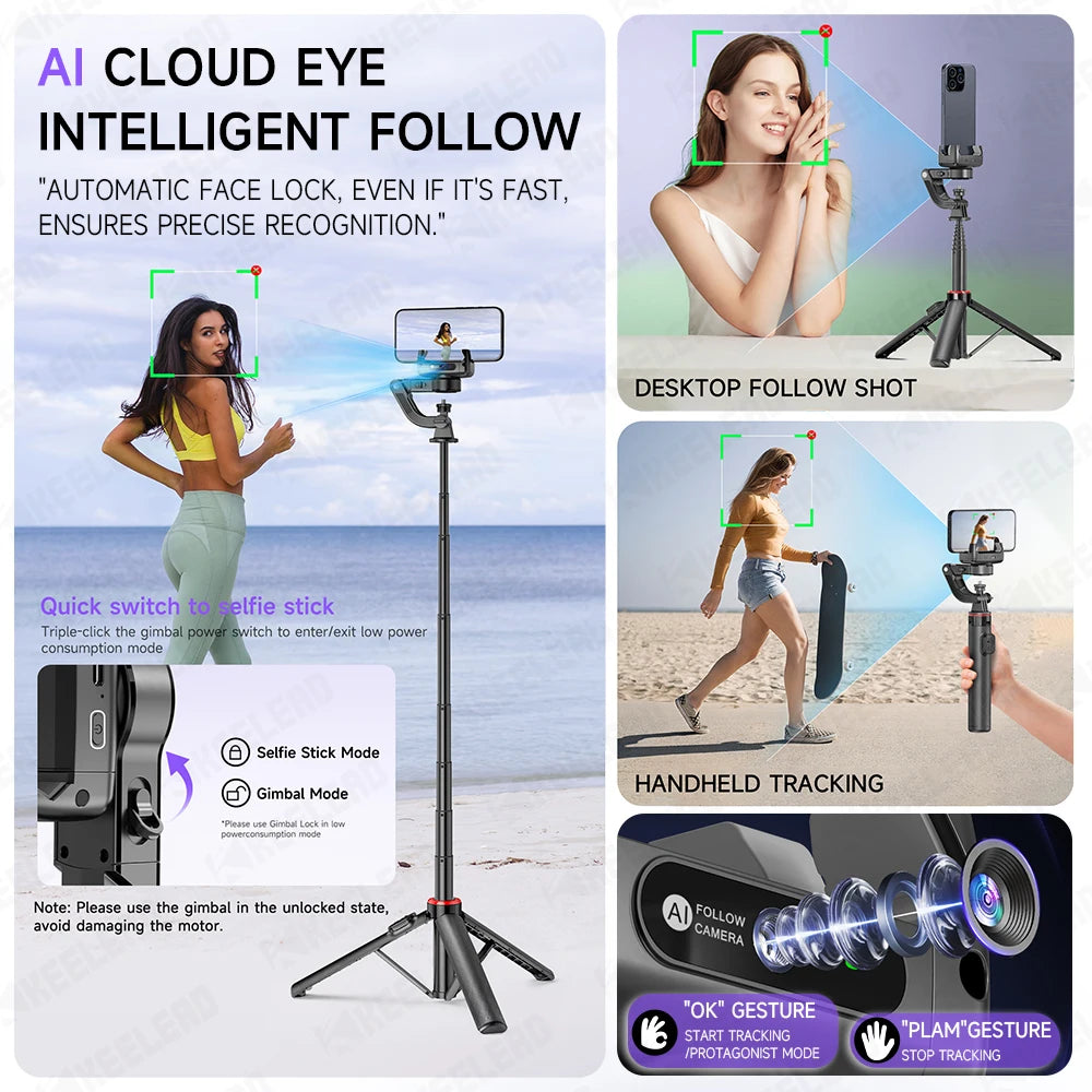 Smart Tracking Deskpot Gimbal Handheld Stabilizer for Cell Phones Record Video/Vlog C22 Selfie Stick Tripod, Optional Fill Light