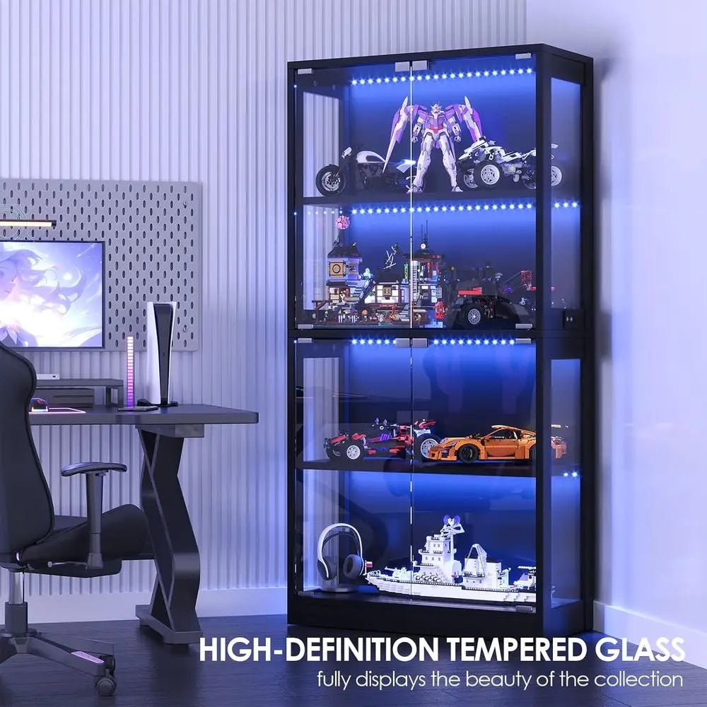 4-Tier Glass Display Cabinet with 7 Color LED Lights, HD Glass Storage for Collectibles, Trophies (Black)