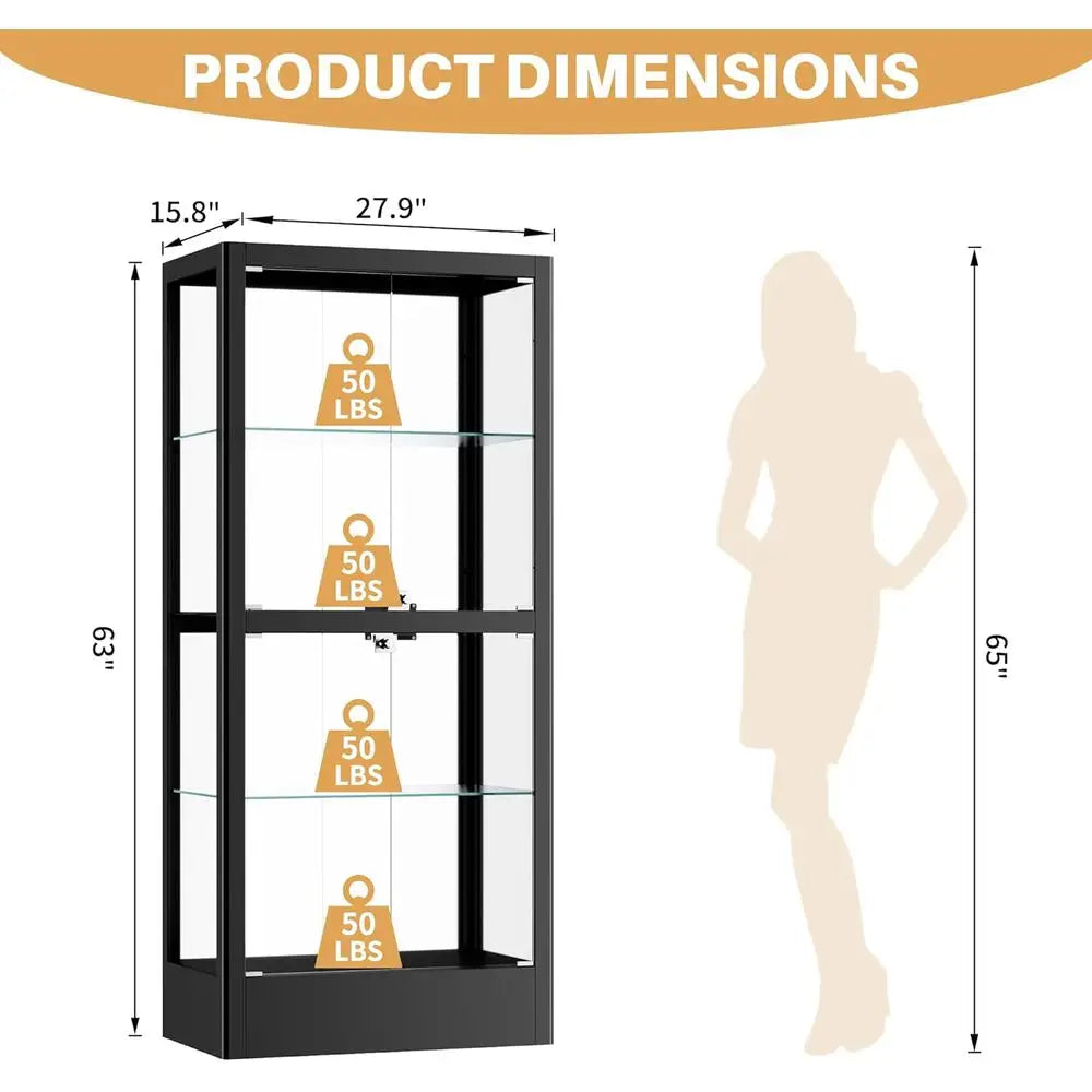 4-Sided Lockable Glass Display Cabinet with 13 Color Lights, Adjustable Shelves for Collectibles, Wine, China, 28 W, Black
