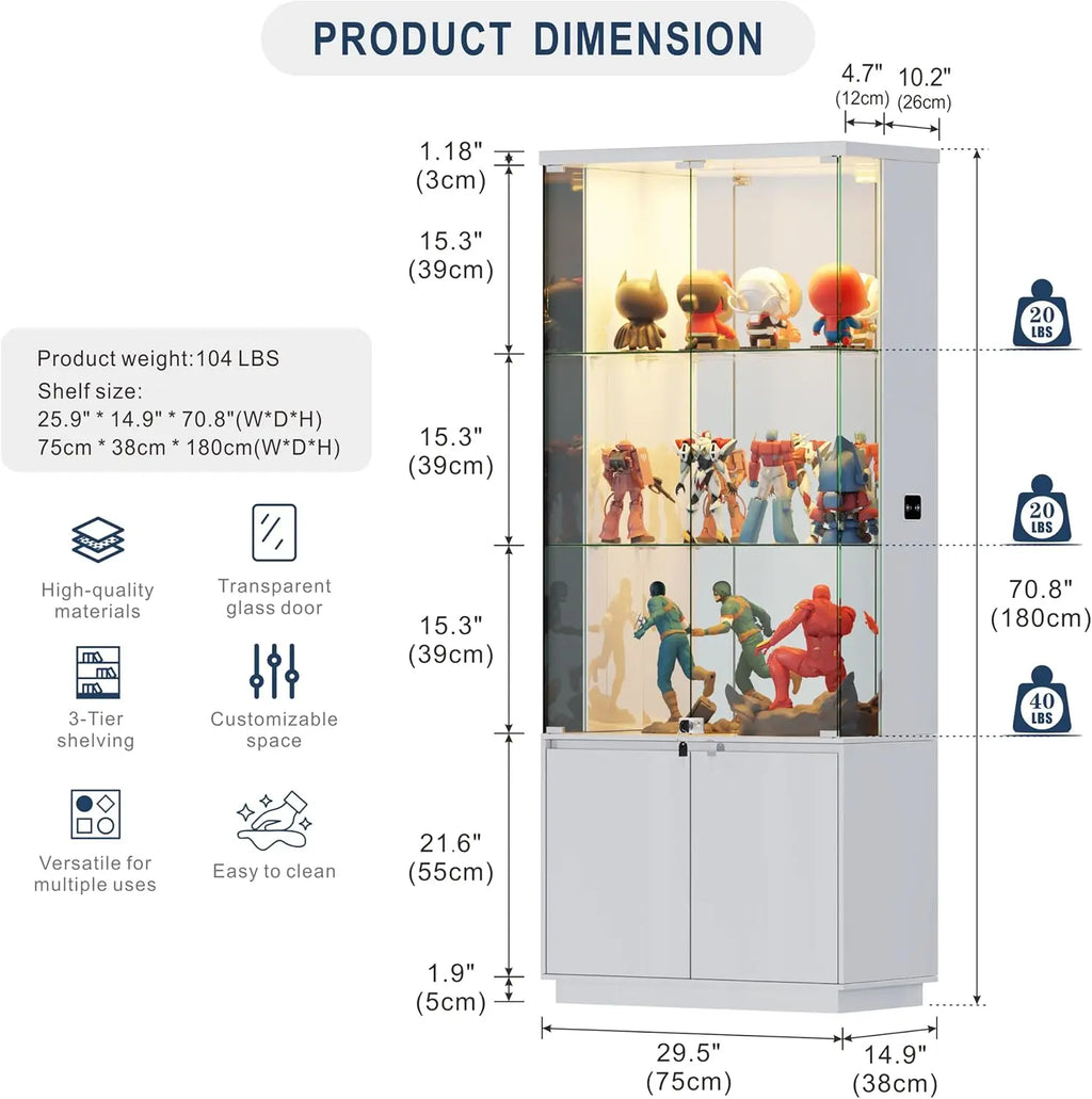 71'' Display Cabinet with Glass Doors&3 Color Lights&Lockable for Bedroom White,High Gloss Curio Cabinet with Adjustable Glas