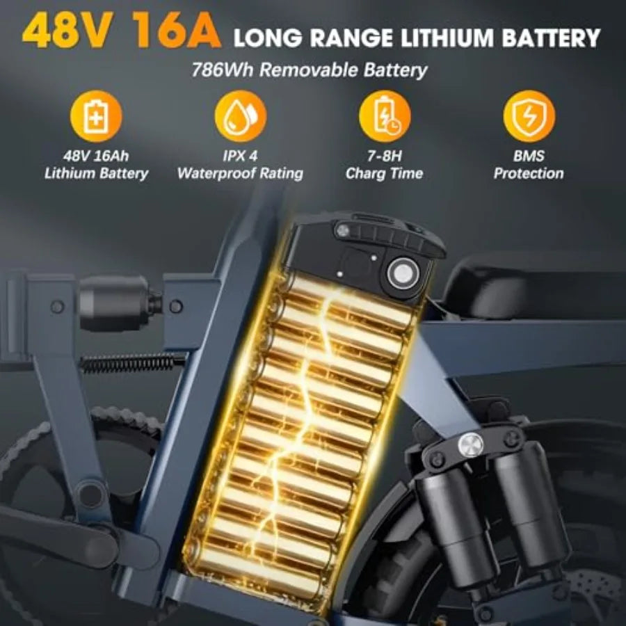 14 Folding Electric Bike for Adults with 1500W Peak Motor 20MPH Max Speed 48V 16Ah Removable Battery 35/62 Miles Max Range UL 2