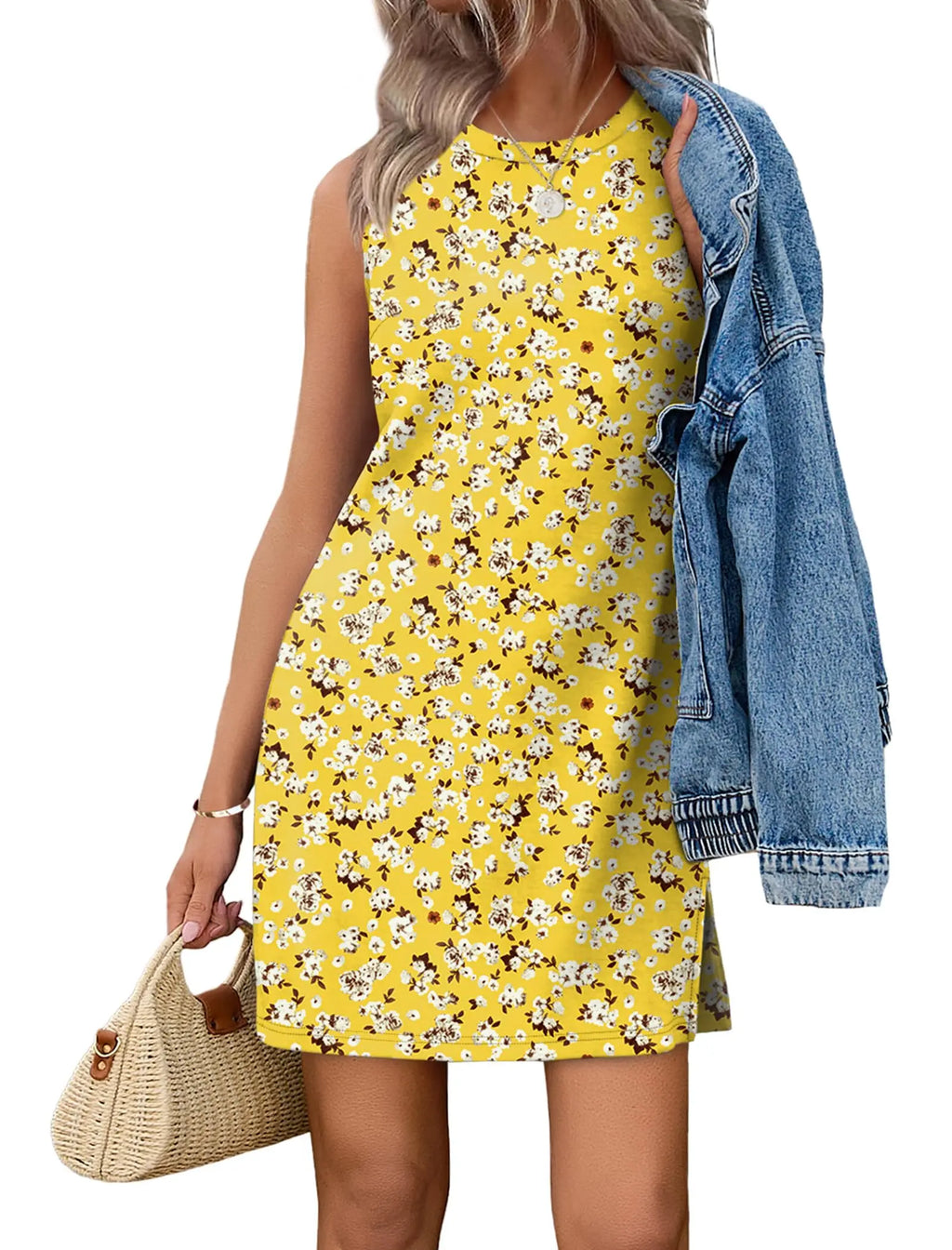 Casual Sleeveless Crewneck Dress Women Boho Summer Vacation Floral Paisley Print Mini Dress