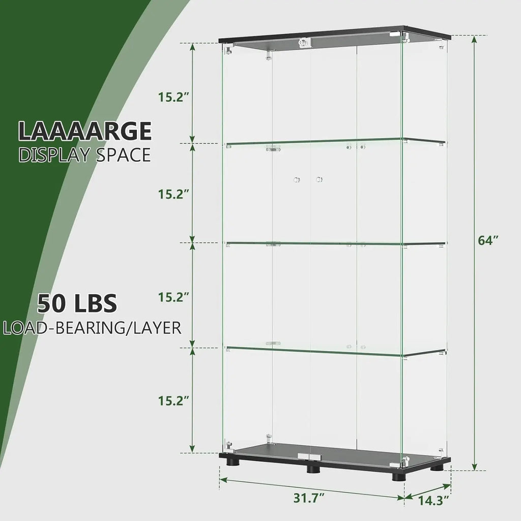 4-Shelf Lockable Glass Display Cabinet Floor Standing Tempered Glass Storage Living Room Bedroom Office 64x31.7x14.3in, Custom