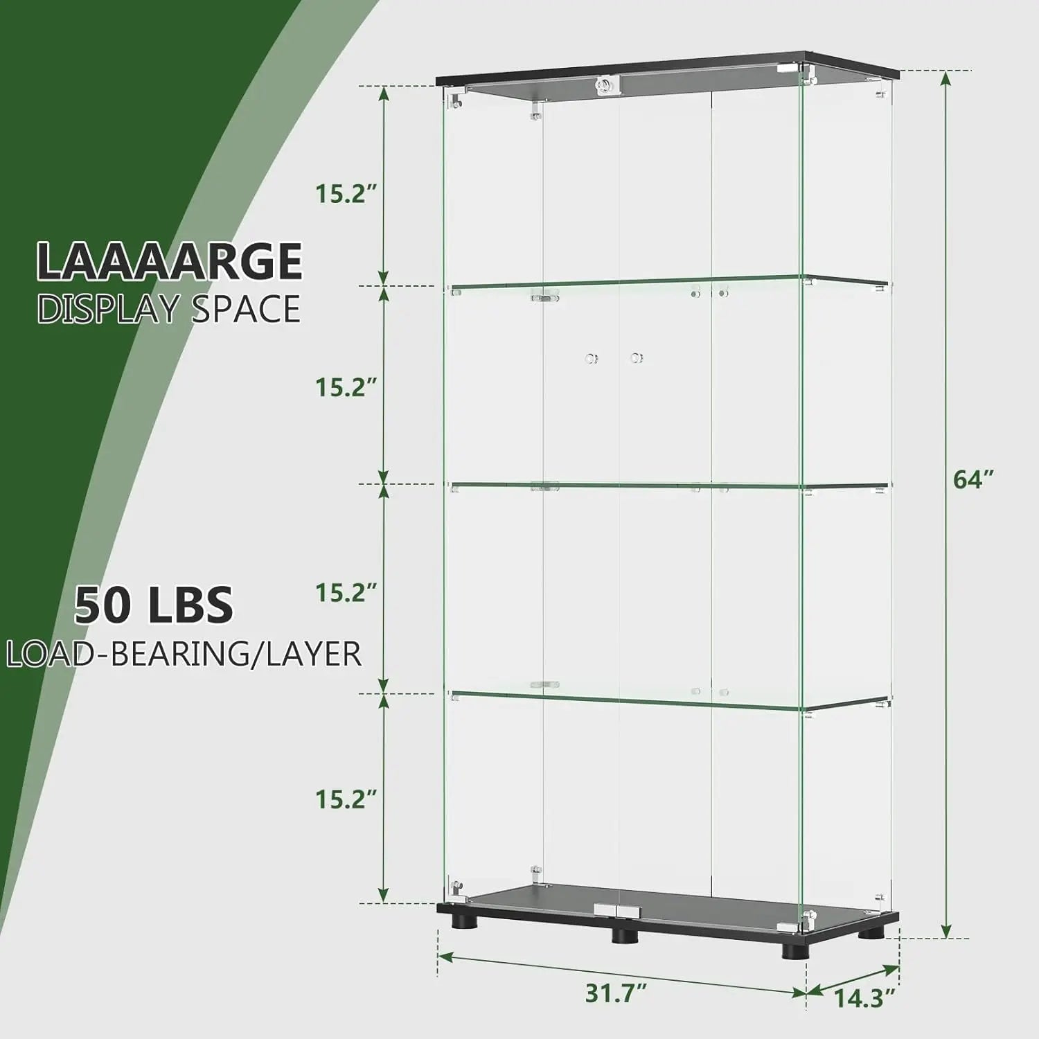 4-Shelf Lockable Glass Display Cabinet Floor Standing Tempered Glass Storage Living Room Bedroom Office 64x31.7x14.3in, Custom