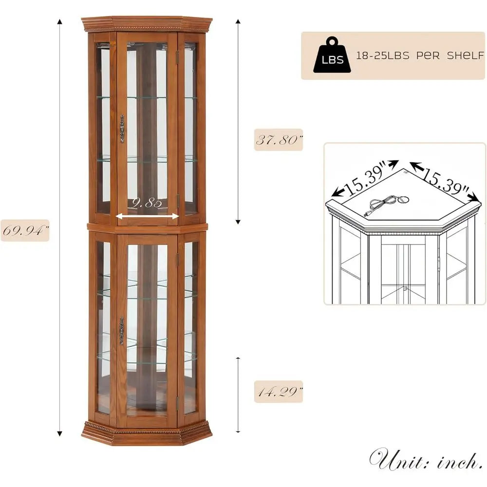 Curio Cabinet with Light Bulb, Tempered Glass Do, loor Standing Glass Display Cage with 6 Tempered Glass Shelves, Wine Cabinet S