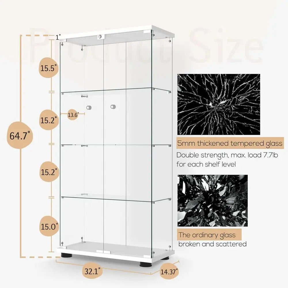 Quick-Install Glass Door Lockable Display Cabinet, 4-Shelf Curio with Tempered Glass, Ideal for Living/Bedroom (65 x 32 x 14, Wh