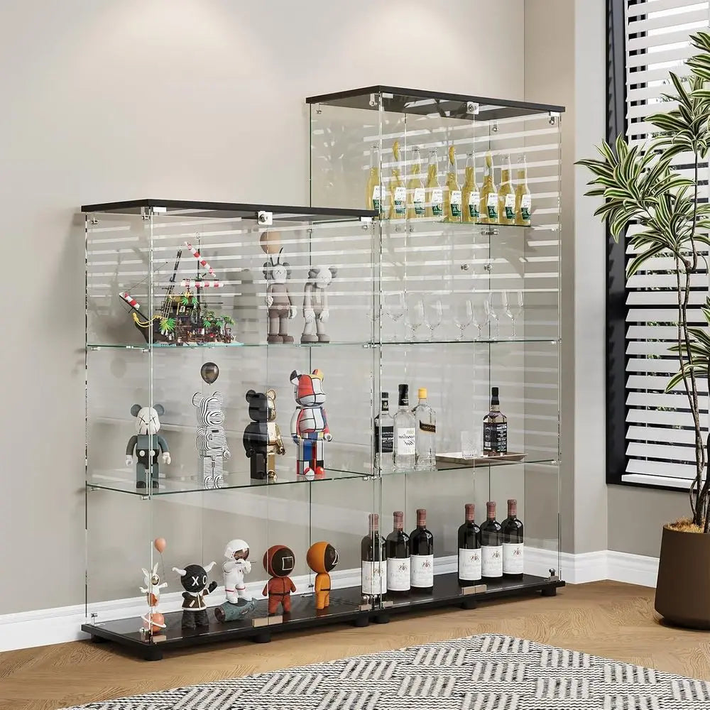 4-Shelf Double Door Lockable Glass Display Cabinet, 5mm Tempered Glass Floor Standing, Suitable for Living Room, Bedroom, Office