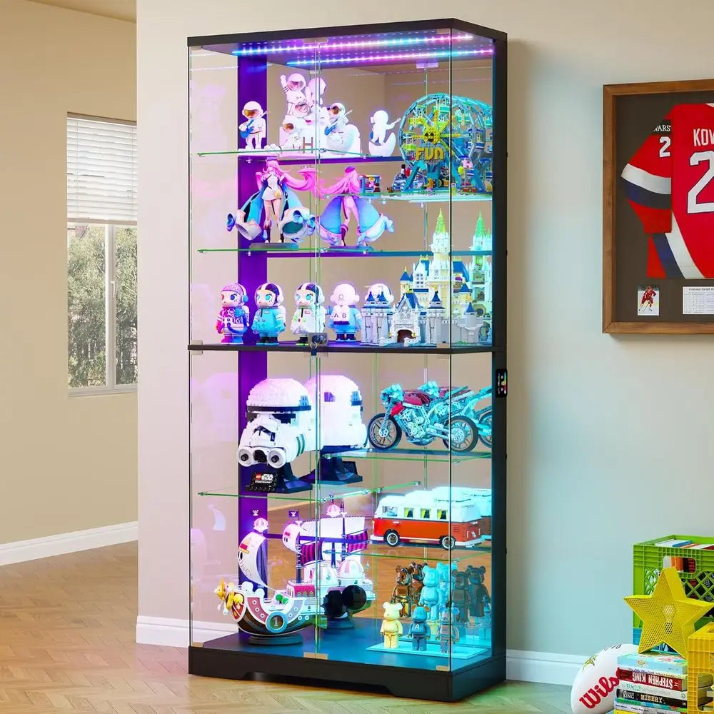 10-Tier Lockable Glass Display Cabinet with Motion Sensor RGB Lights, 71 High, Removable Shelves for Collectibles, Black