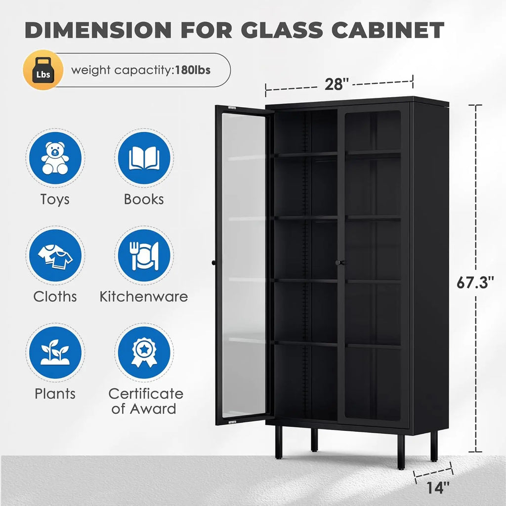 Glass Display Cabinet, Metal Curio Cabinet with Tempered Glass Doors & Adjustable Shelves, Metal Storage Cabinets for Living