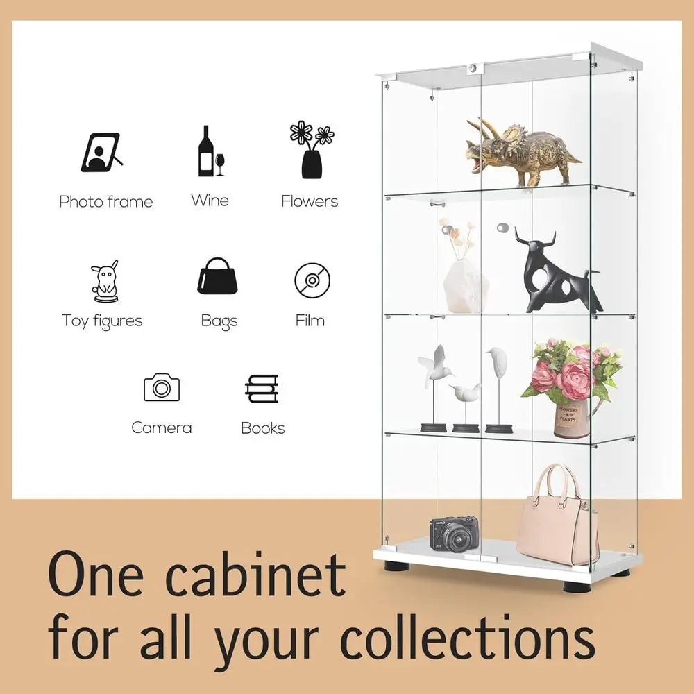 Quick-Install Glass Door Lockable Display Cabinet, 4-Shelf Curio with Tempered Glass, Ideal for Living/Bedroom (65 x 32 x 14, Wh