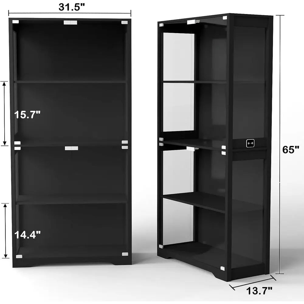 Glass-Door Display Cabinet with 3 LED Lights and Motion Sensor, 4-Shelf Black Bookcase Storage Cabinet