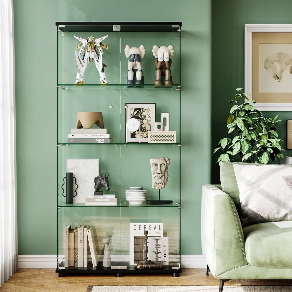4-Shelf Lockable Glass Display Cabinet Floor Standing Tempered Glass Storage Living Room Bedroom Office 64x31.7x14.3in, Custom