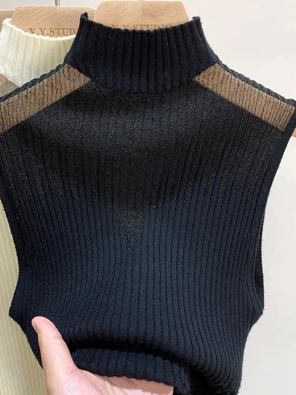 Mesh Knitted Top Women Y2K Tank Top Half Neck Vest Female Sleeveless Sweater Chic Cut Out Streetwear Solid Skinny White Tube Top