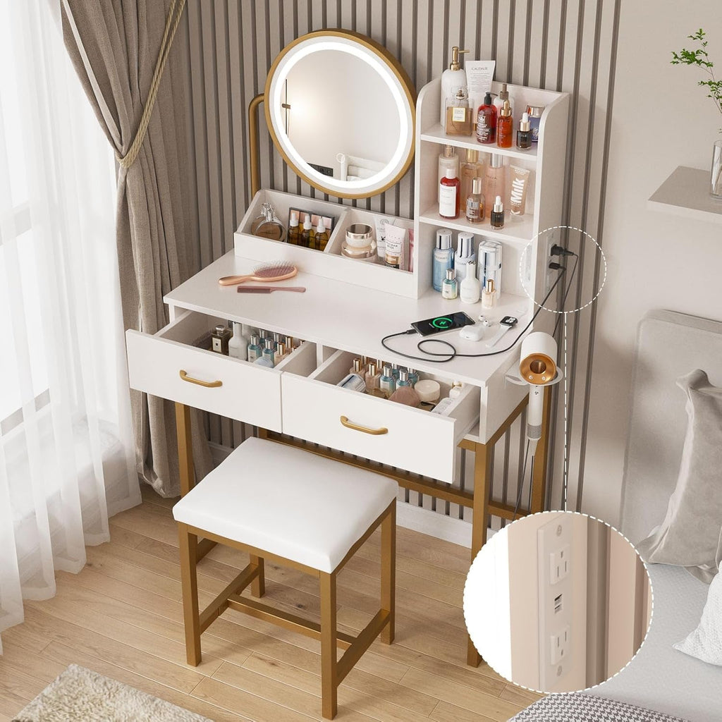 White Round LED Makeup Vanity Mirror With Charging Station 31.5 Inch