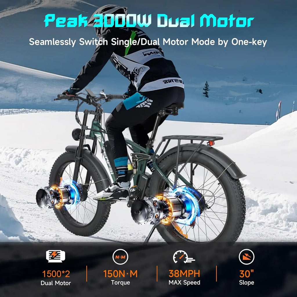 BAOLUJIE Peak 5000W 26" Electric Bike,52V 32AH Removable Battery 38MPH 7-Speed Adult EBike, Dual-Shock Absorption EBike Off-Road