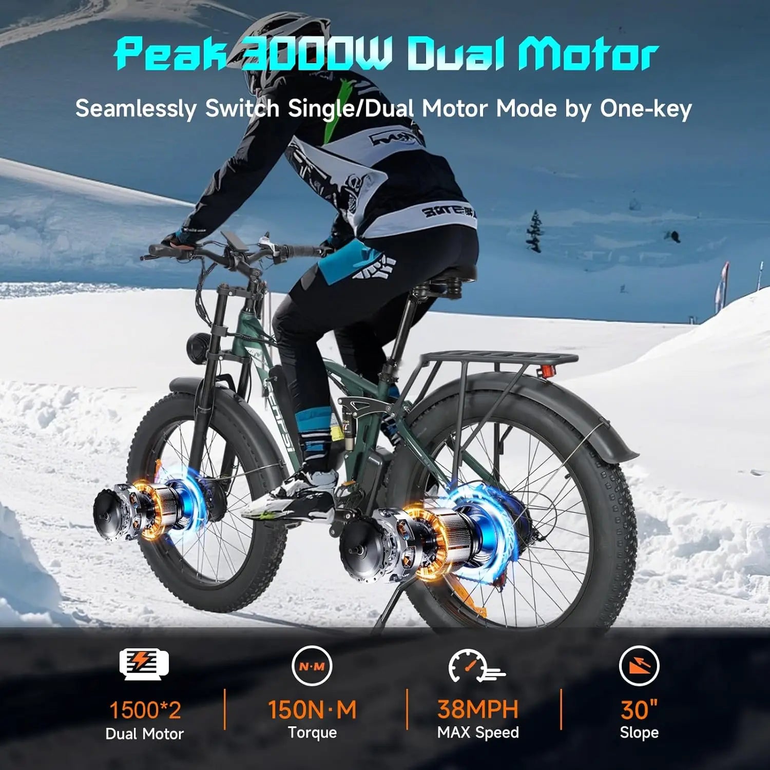 BAOLUJIE Peak 5000W 26" Electric Bike,52V 32AH Removable Battery 38MPH 7-Speed Adult EBike, Dual-Shock Absorption EBike Off-Road