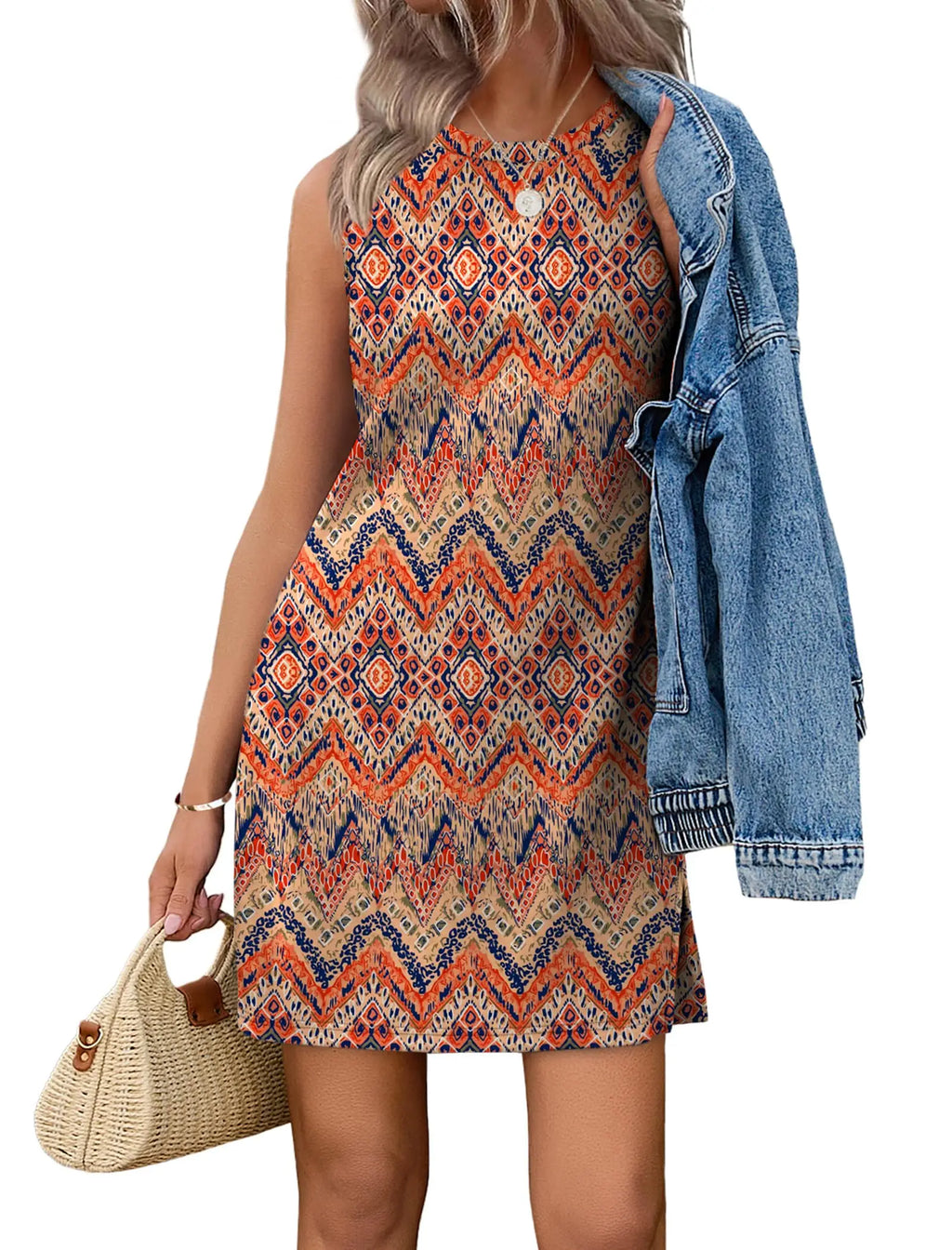 Casual Sleeveless Crewneck Dress Women Boho Summer Vacation Floral Paisley Print Mini Dress